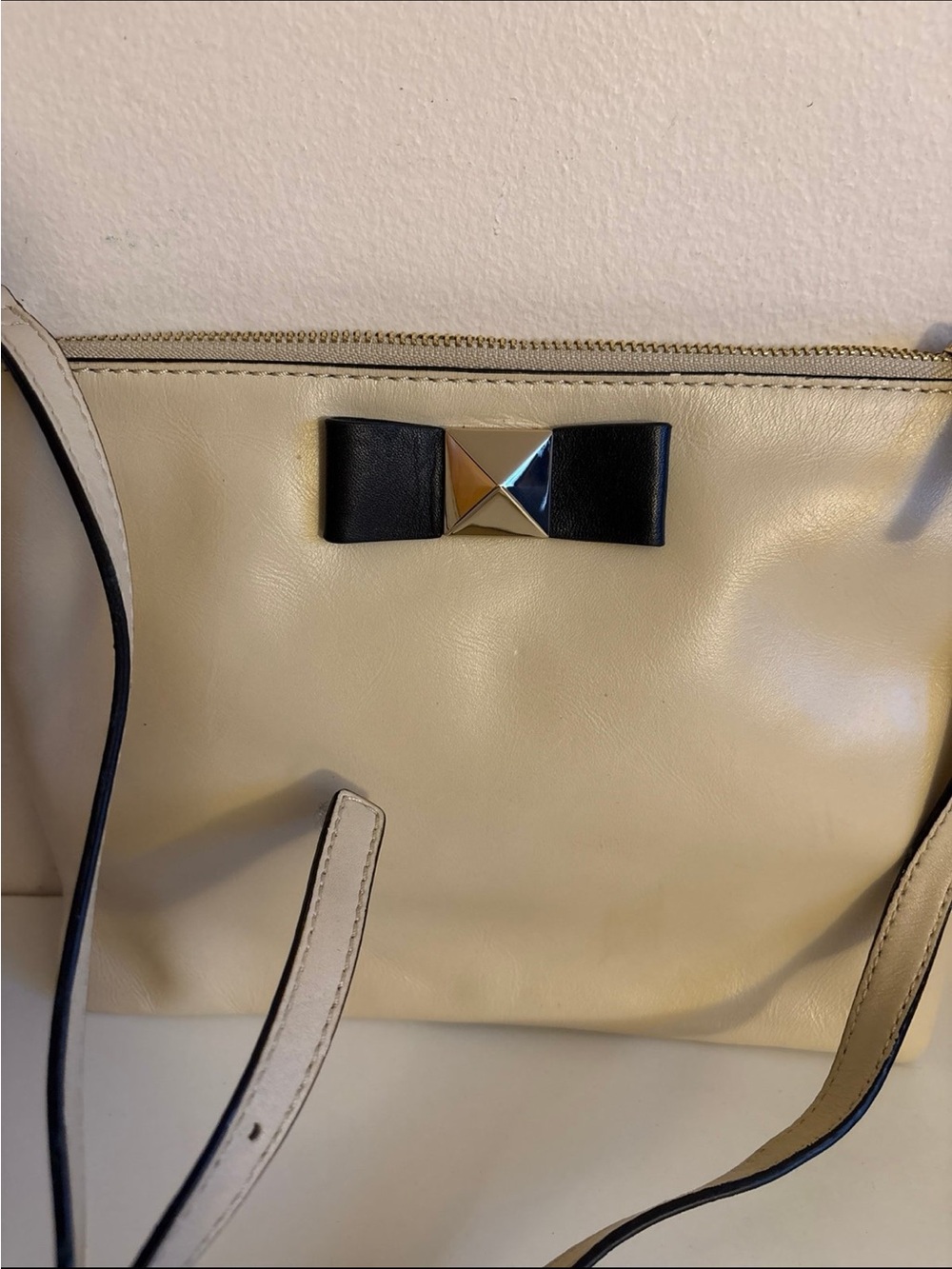 Cream Crossbody Tote with Black Bow Accent